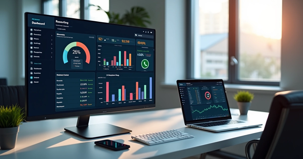 Tela de computador mostrando gráficos de métricas de e-commerce com números e indicadores coloridos
