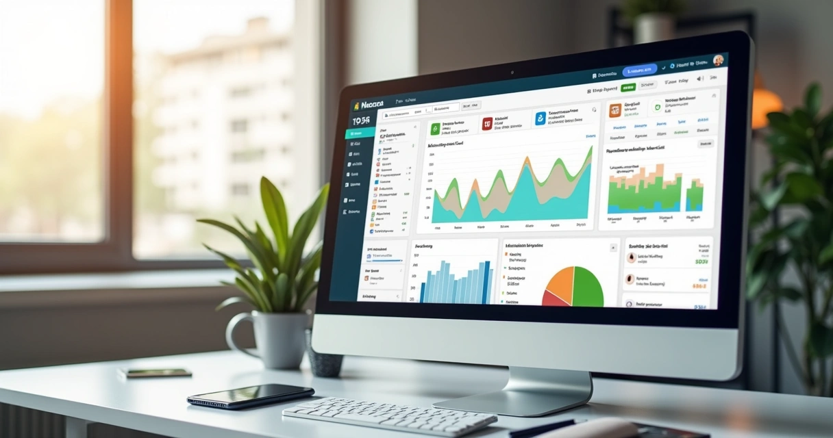Tela de computador com dashboard de automação de vendas mostrando gráficos e notificações de recuperação de carrinhos abandonados