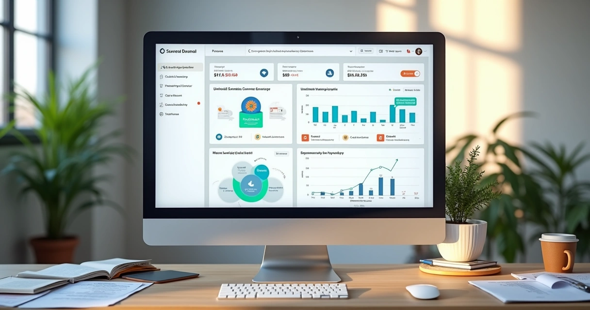 Tela de computador mostrando dashboard integrado de e-commerce com gráficos, notificações e automação centralizada