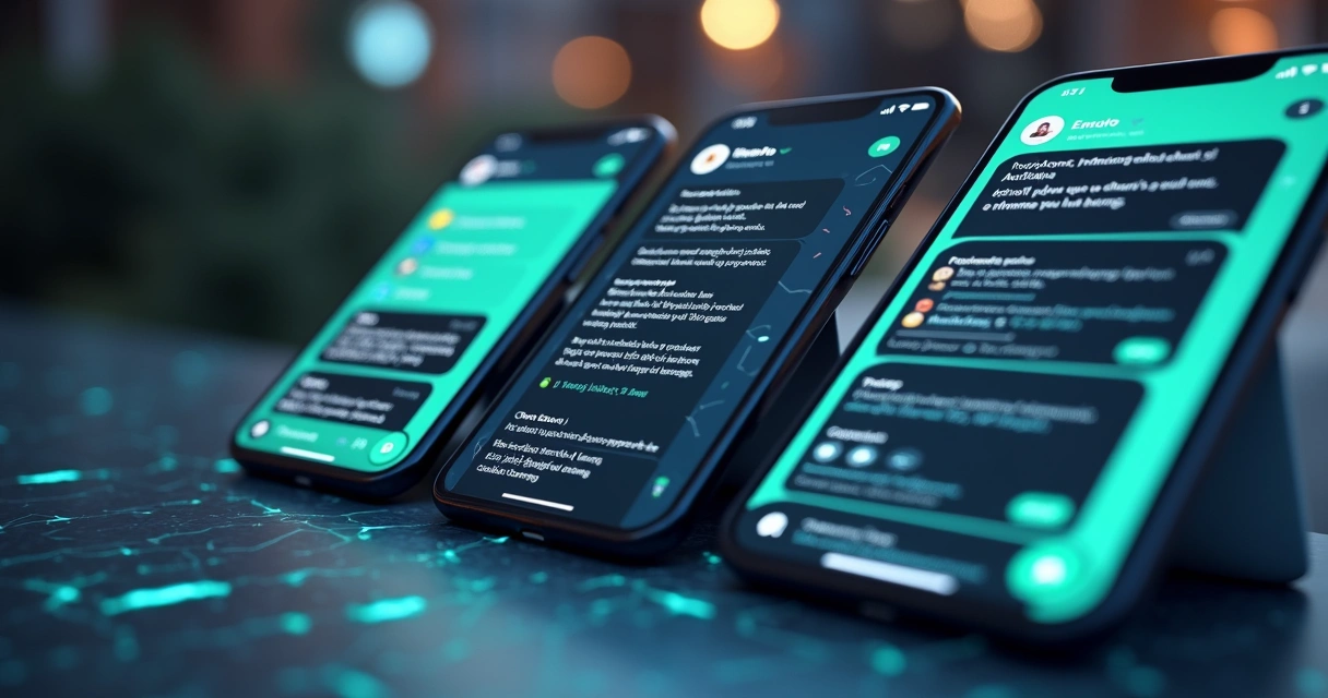 Três dispositivos móveis exibindo interfaces de WhatsApp, Email e SMS em uma mesa moderna, com gráficos de crescimento de conversão ao fundo