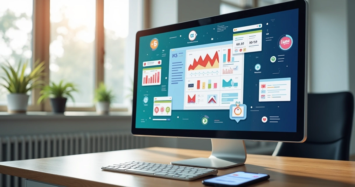 Tela de computador com várias janelas de plataformas de e-commerce integradas e gráficos de vendas coloridos ao redor