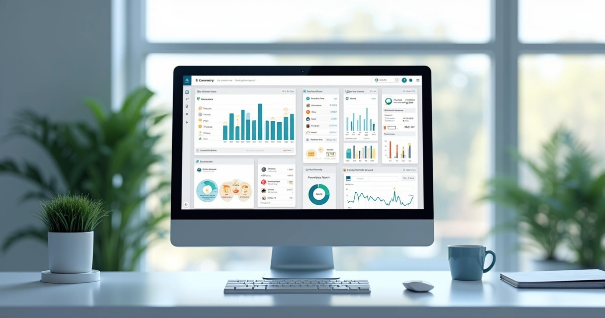 Tela de computador exibindo painel de gestão de e-commerce com gráficos de vendas, notificações e integrações automáticas