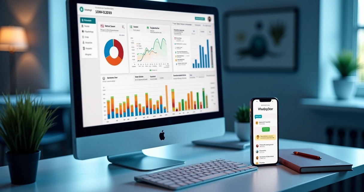 Tela de computador exibindo painel de automação de vendas digitais com gráficos e notificações de WhatsApp, e smartphone ao lado mostrando mensagem de recuperação de carrinho