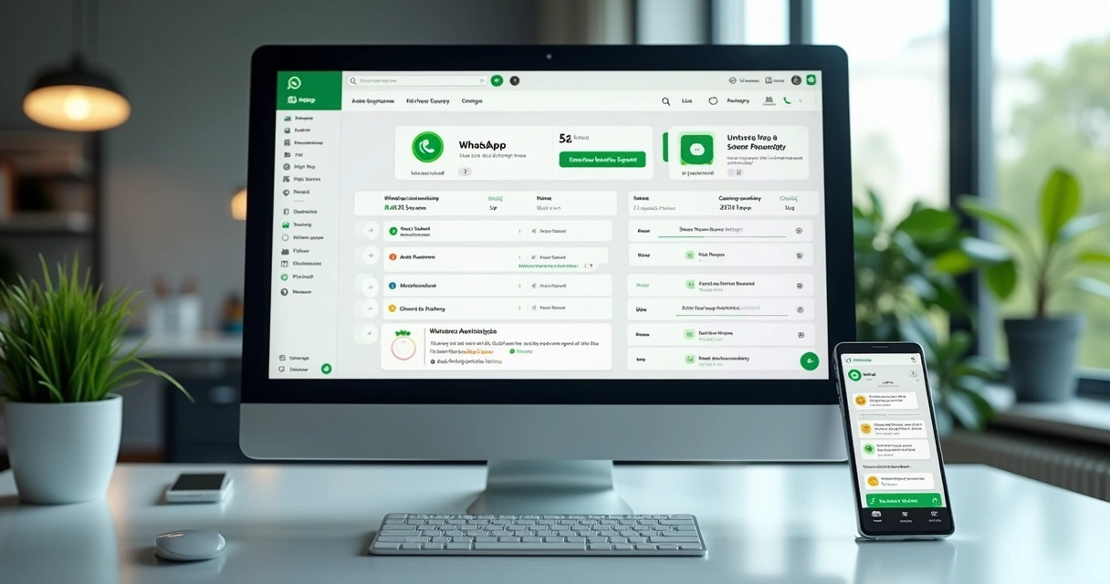 Tela de computador mostrando integração do WhatsApp com plataforma de e-commerce, notificações automáticas e chat ao vivo