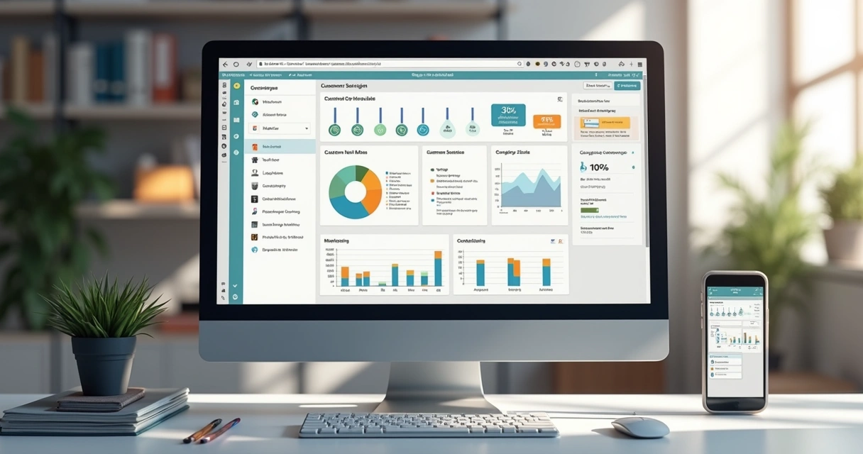 Tela de computador mostrando painel de controle de mailing para e-commerce com gráficos de segmentação e lista de contatos