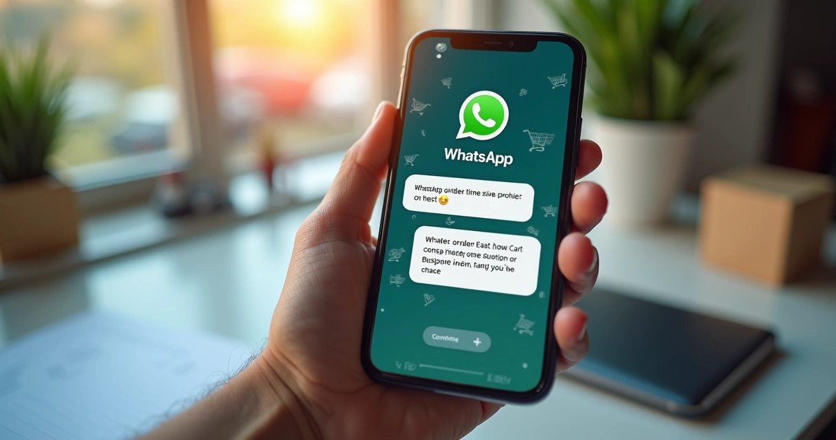 Smartphone exibindo mensagens automáticas no WhatsApp com ícones de e-commerce ao fundo