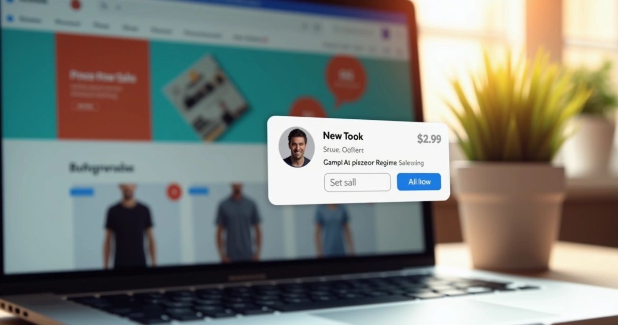 Notificação de vendas em loja virtual exibida em pop-up no canto da tela com fundo de loja online ao fundo