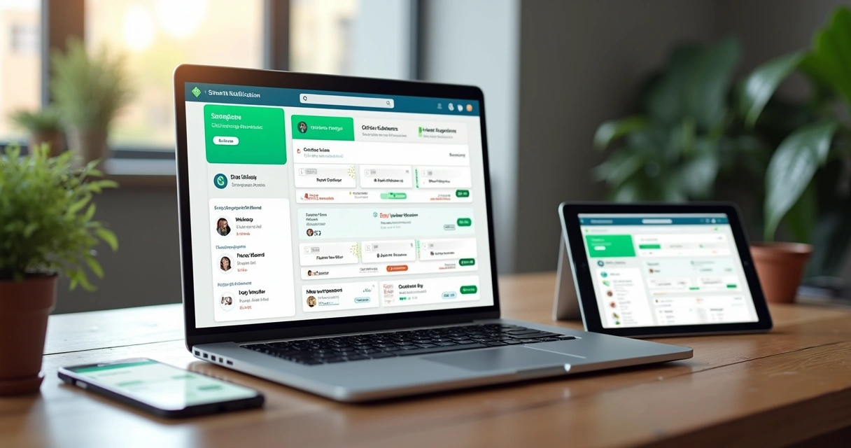 Tela de computador mostrando painel de notificações inteligentes para e-commerce com alertas de pedidos, carrinhos recuperados, WhatsApp, Email e SMS