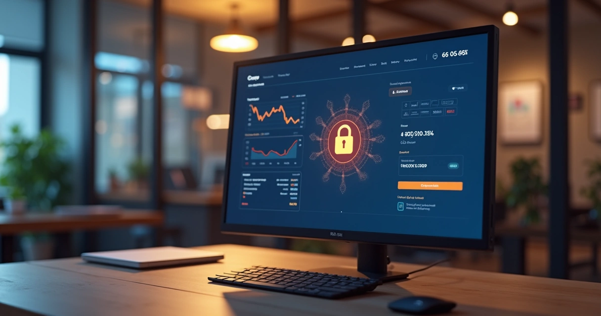 Tela de computador mostrando interface de plataforma de pagamentos online segura com gráficos e cadeado digital